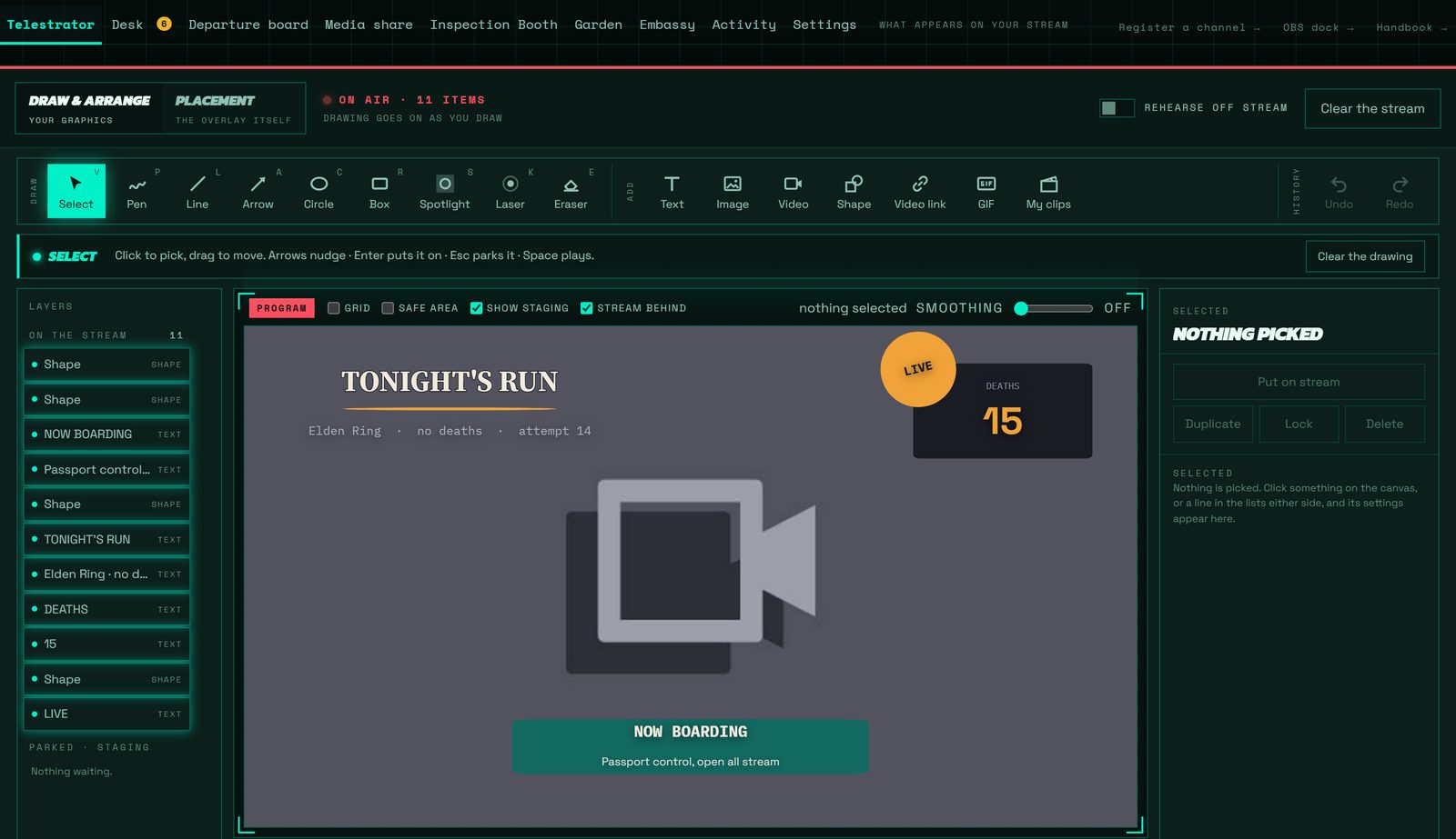 Dispatch with the Telestrator open: a toolbar of drawing tools, the layers and the stage