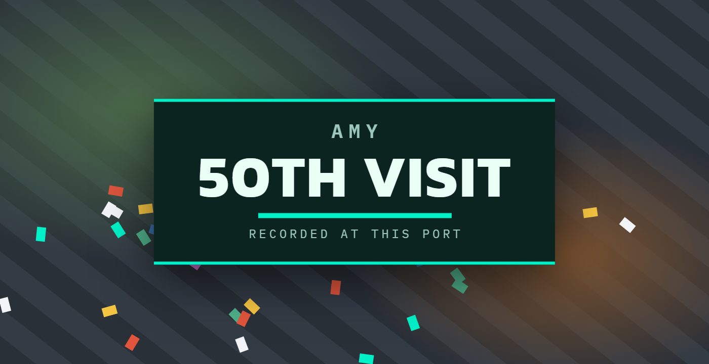 A card celebrating a viewer's 50th visit, with confetti
