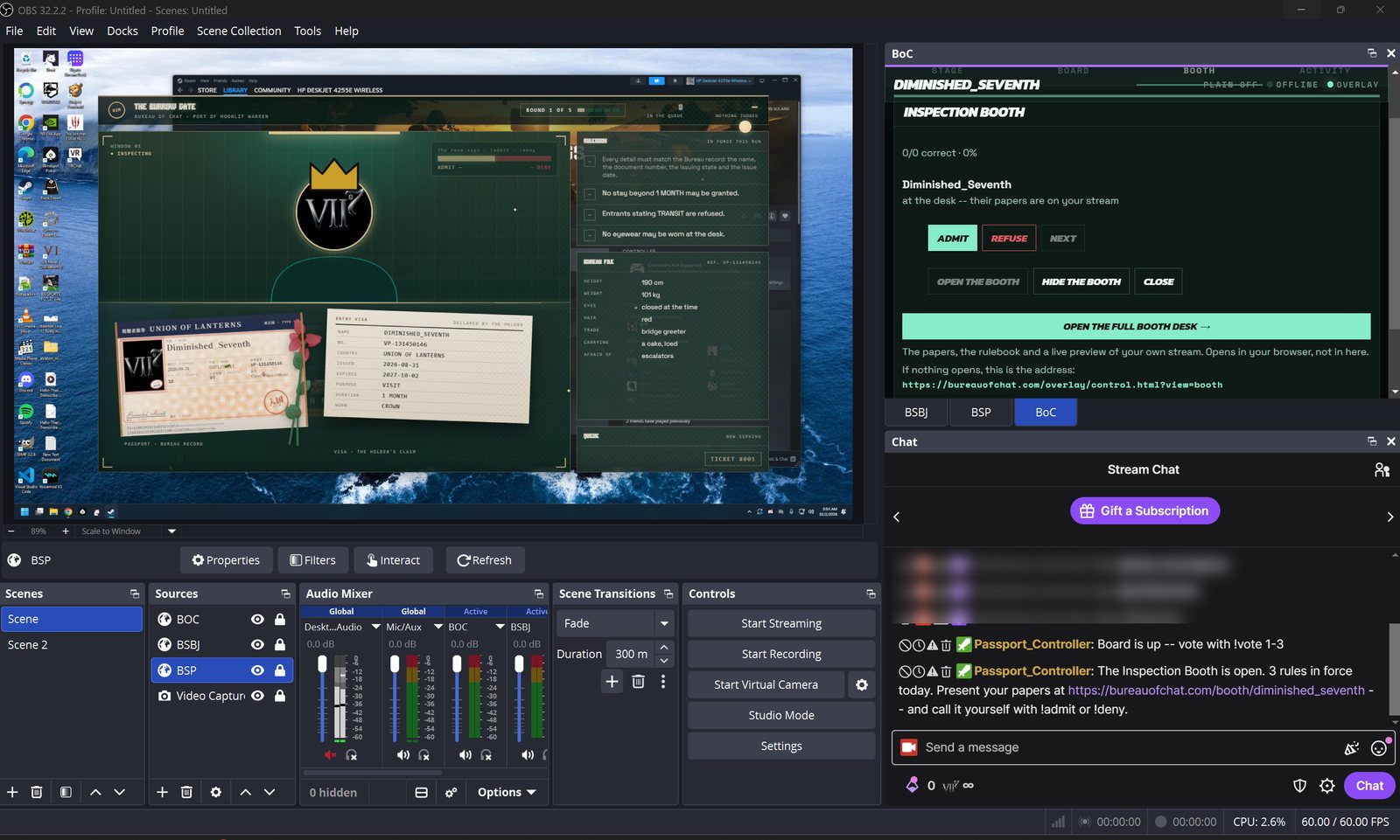 OBS with the Inspection Booth on the stream preview, the Bureau dock's booth controls on the right, and the bot announcing the booth in chat