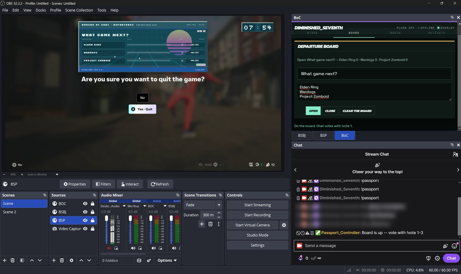 OBS with a departure board poll and a countdown over a game, the dock's departure board panel on the right, and the bot's message in chat