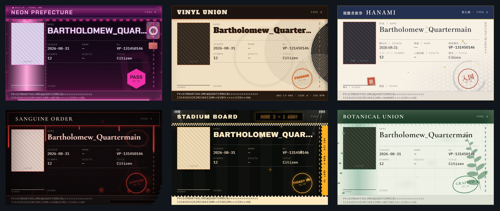 Several passports side by side, each in a different country's style
